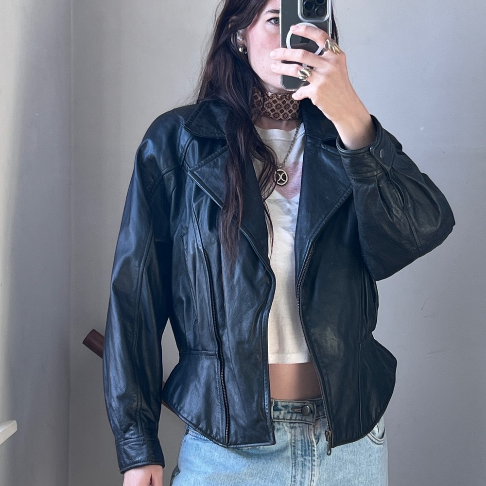 Vintage Wilsons Leather Jacket Black Moto Biker Zip Up 80s Peplum 80s Coat Large